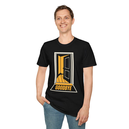Goodbye black graphic T-shirt on a model, front