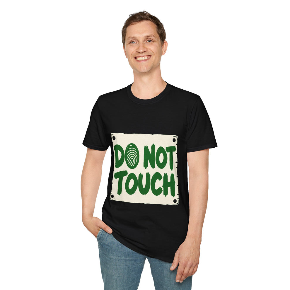 Do Not Touch black graphic T-shirt on a model, front