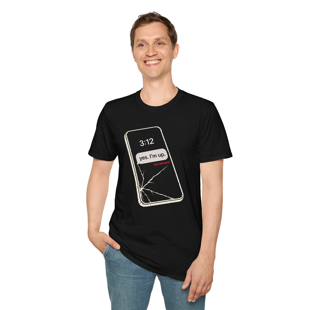 Yes. I'm Up. black graphic T-shirt on a model, front