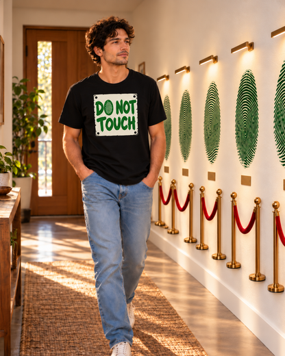Styled scene: man wearing the black Do Not Touch T-shirt with the green painted sign print in a gallery of roped-off fingerprints