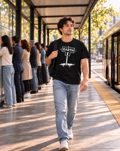 Styled scene: man wearing the black Lost Signal T-shirt with the white EARTH signpost print at a bus stop
